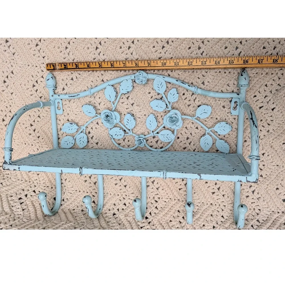 Vintage Shabby Chic Blue Metal Wall Shelf Hook Coat Rack Floral Rose Distressed